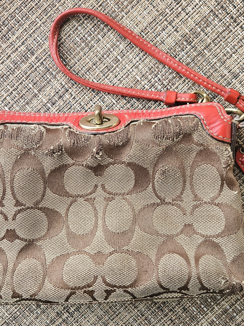 Coach Brown Signature Canvas Wristlet with Red Trim